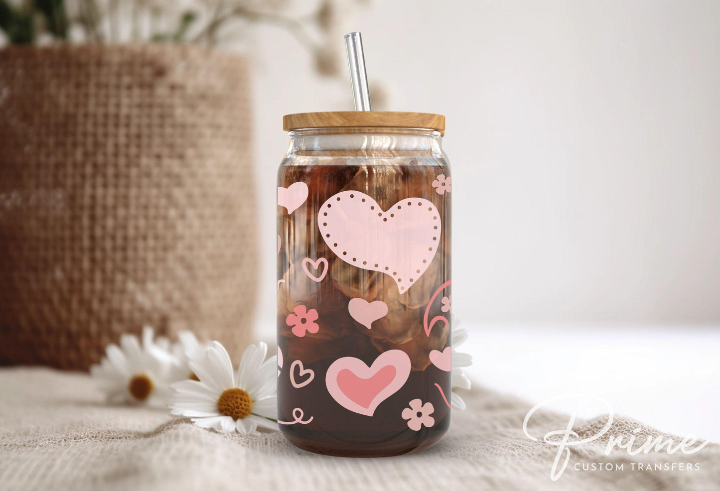 Valentine's Day UV DTF Libbey 16oz Cup Wrap Sticker, Ready to Apply, No Heat, Permanent Adhesive, Waterproof, Glass Can, Pink, Doodle Hearts