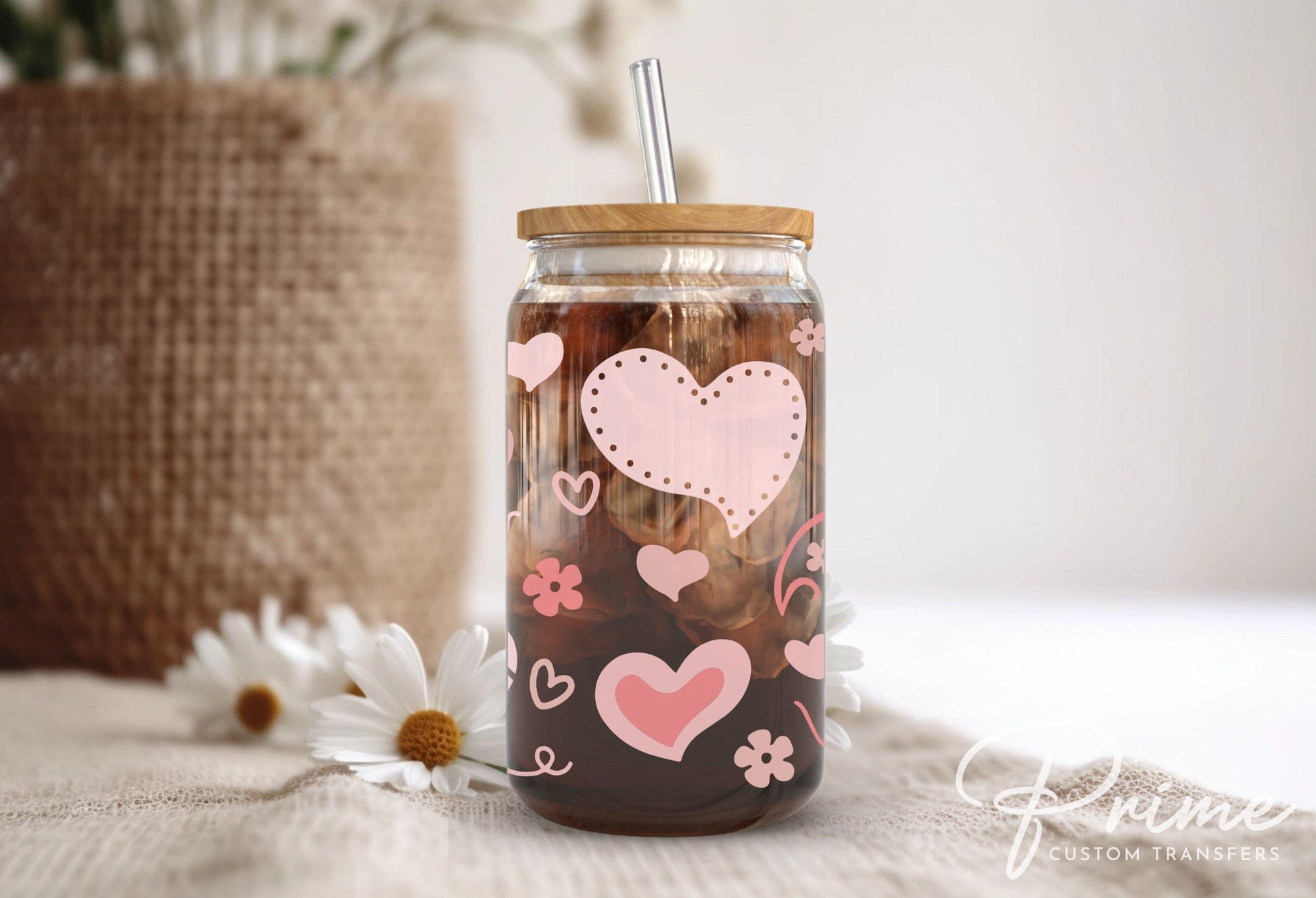 Valentine's Day UV DTF Libbey 16oz Cup Wrap Sticker, Ready to Apply, No Heat, Permanent Adhesive, Waterproof, Glass Can, Pink, Doodle Hearts