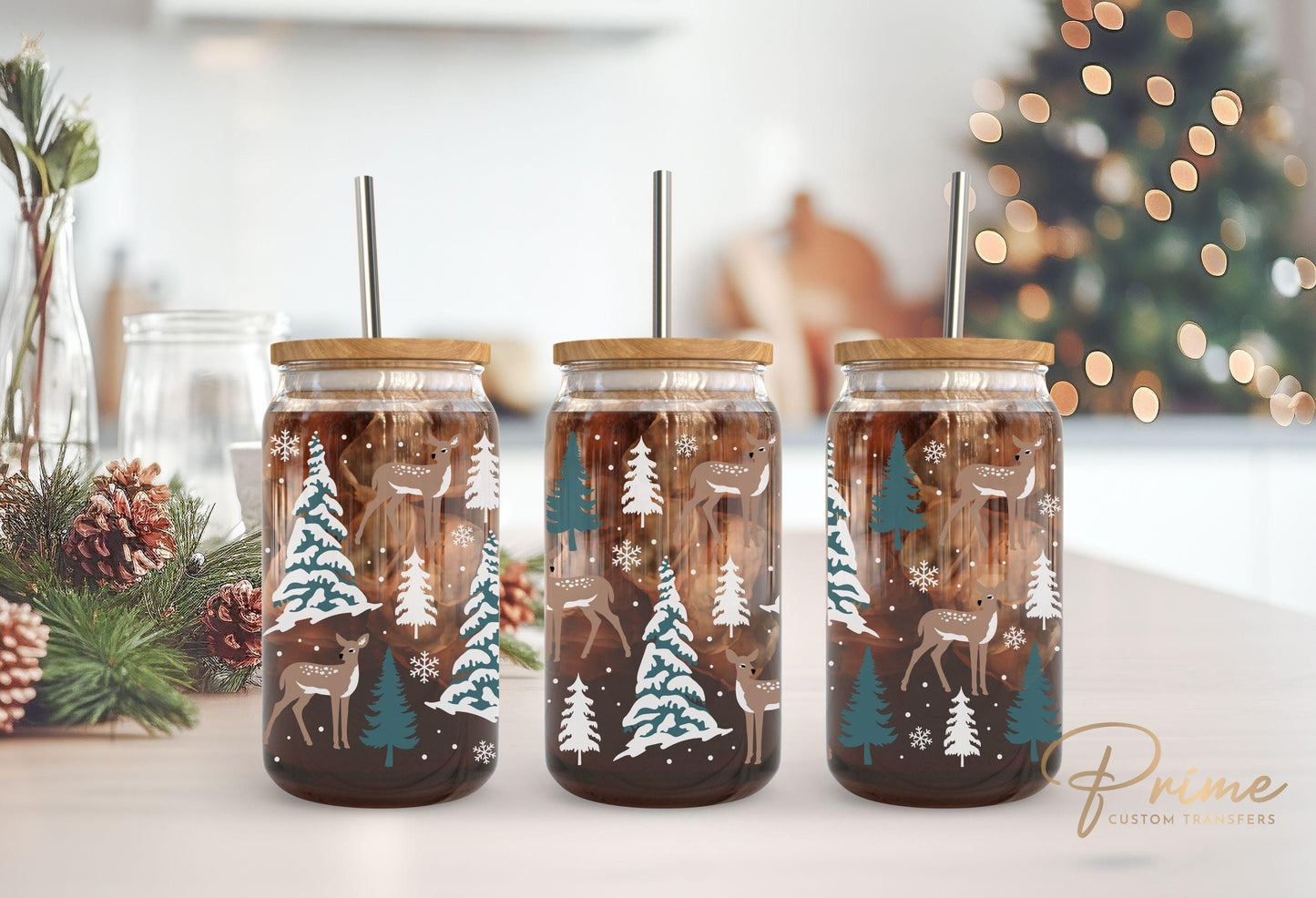 Christmas UV DTF Libbey 16oz Cup Wrap Sticker, Ready to Apply, No Heat, Permanent Adhesive, Waterproof, Glass Can, Holiday, Woodland, Deer