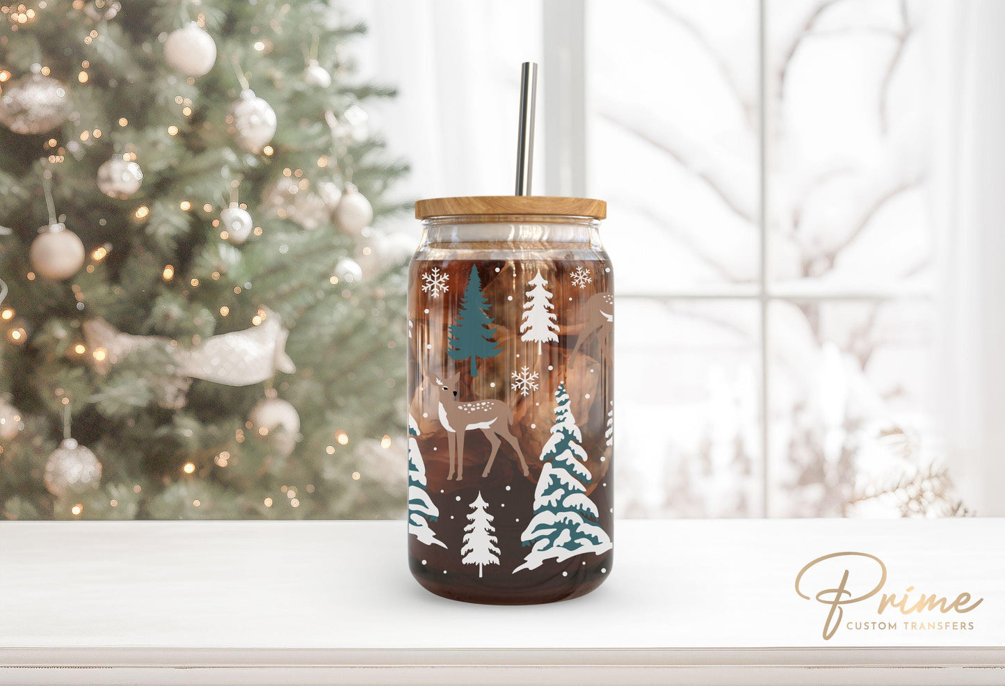 Christmas UV DTF Libbey 16oz Cup Wrap Sticker, Ready to Apply, No Heat, Permanent Adhesive, Waterproof, Glass Can, Holiday, Woodland, Deer