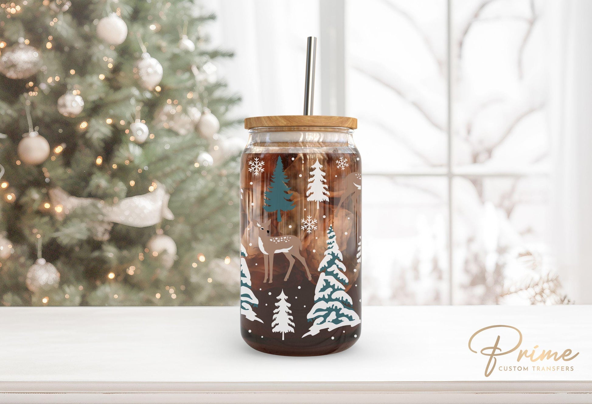Christmas UV DTF Libbey 16oz Cup Wrap Sticker, Ready to Apply, No Heat, Permanent Adhesive, Waterproof, Glass Can, Holiday, Woodland, Deer