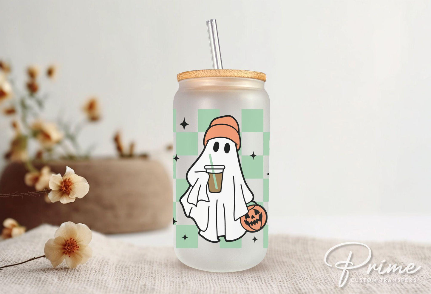 Halloween UV DTF Libbey 16oz Cup Wrap Sticker, Ready to Ship, Direct to Film, Glass Can, Fall, Permanent, Coffee, Checkered Boo-jee Ghost