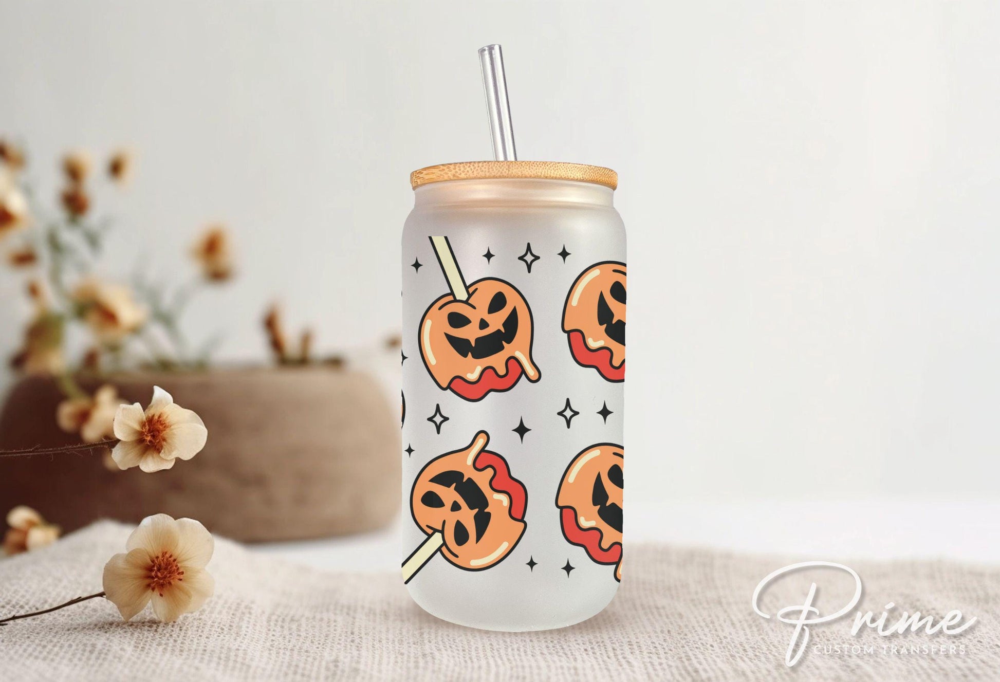 Halloween UV DTF Libbey 16oz Cup Wrap Sticker, Ready to Ship, Direct to Film, Glass Can, Fall, Permanent, Pumpkins, Autumn, Candy Apples