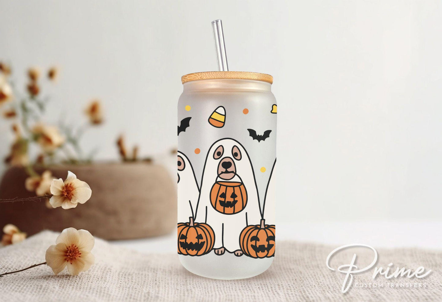 Halloween UV DTF Libbey 16oz Cup Wrap Sticker, Ready to Ship, Direct to Film, Glass Can, Fall, Permanent, Pet Lover, Pumpkin, Halloween Dogs