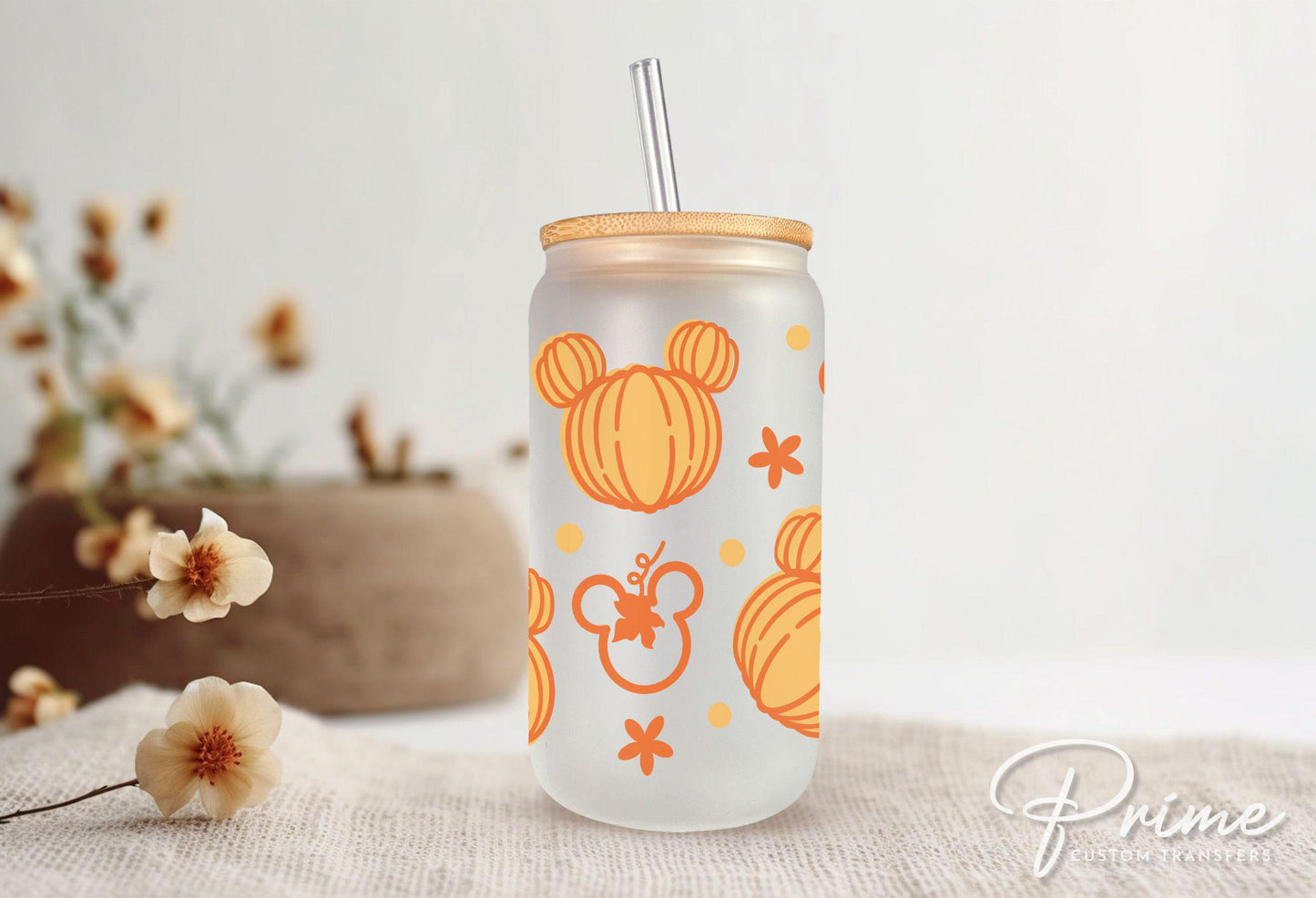 Halloween UV DTF Libbey 16oz Cup Wrap Sticker, Ready to Ship, Direct to Film, Glass Can, Fall, Permanent, Autumn, Flower, Pumpkin Mouse