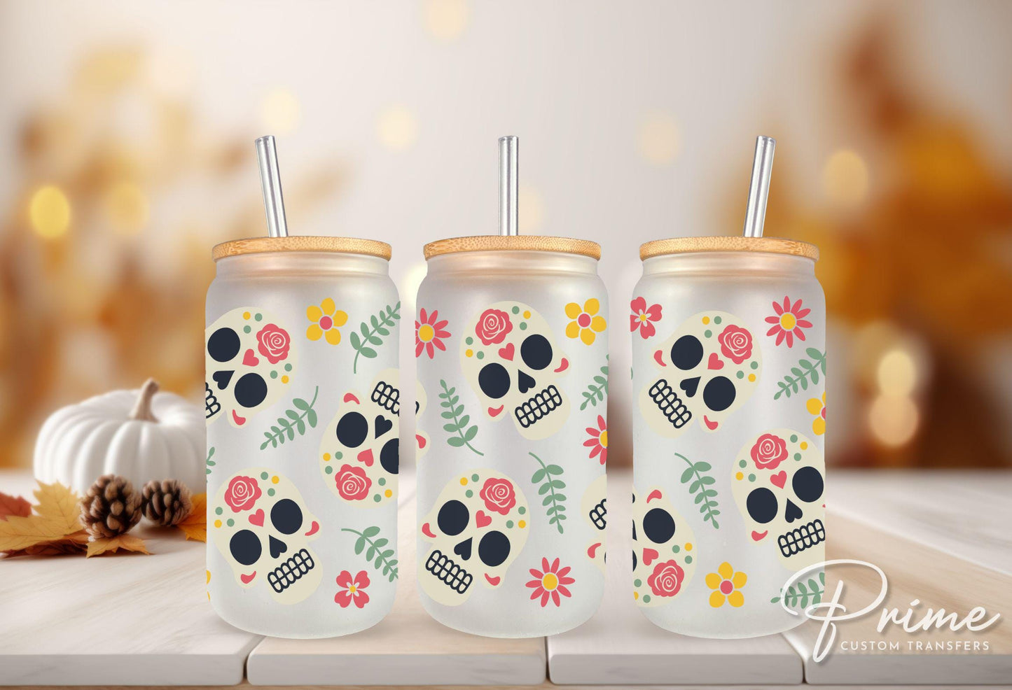 Halloween UV DTF Libbey 16oz Cup Wrap Sticker, Ready to Ship, Direct to Film, Glass Can, Permanent, Mexican Day Of The Dead, Sugar Skull