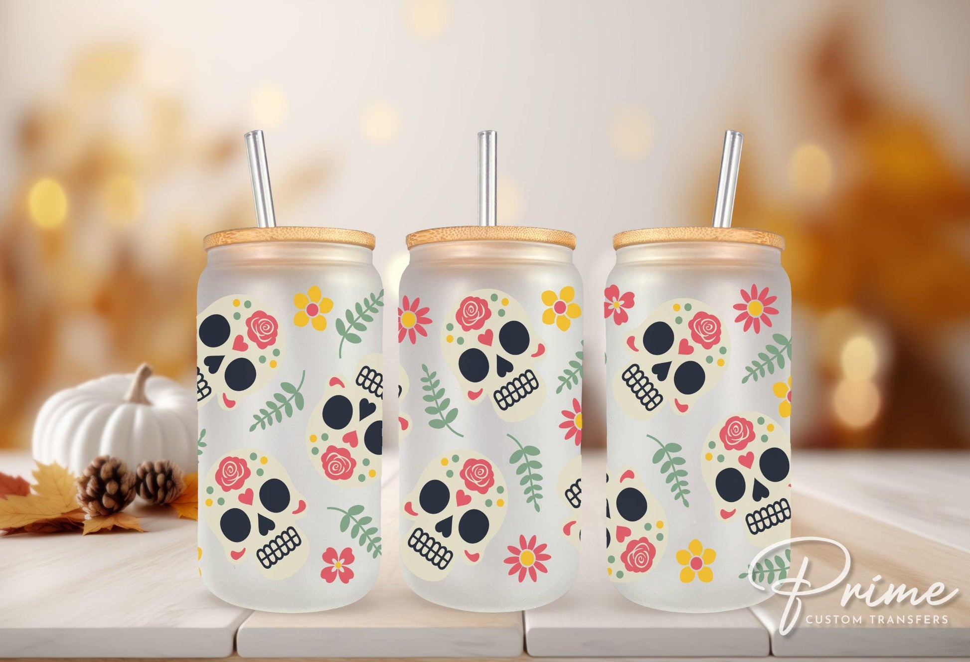 Halloween UV DTF Libbey 16oz Cup Wrap Sticker, Ready to Ship, Direct to Film, Glass Can, Permanent, Mexican Day Of The Dead, Sugar Skull