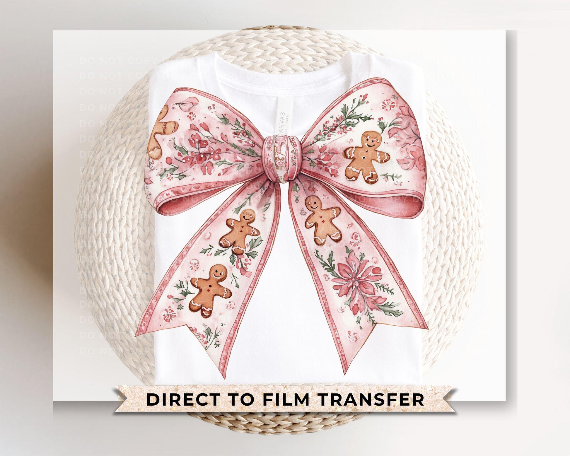 Christmas DTF Transfers, Ready to Press, T-shirt Transfers, Heat Transfer, Direct to Film, Holiday, Coquette Pink Gingerbread Bow