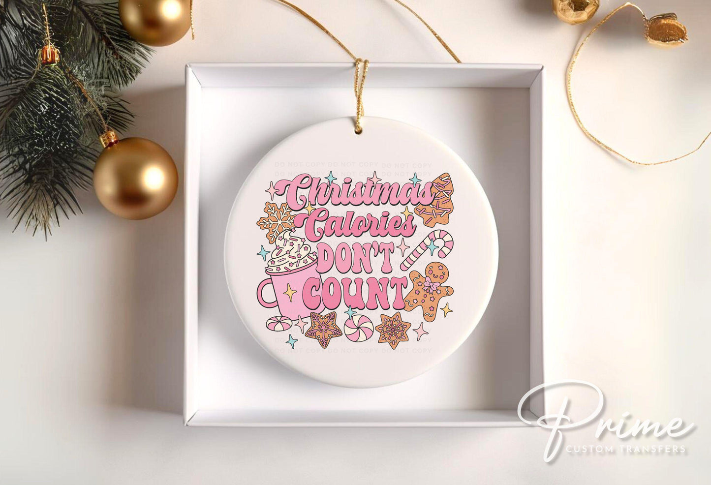 Christmas UV DTF Sticker for Ornaments, Ready to Apply, No Heat Needed, Permanent Adhesive, Waterproof, Decal, Christmas Calories Pink