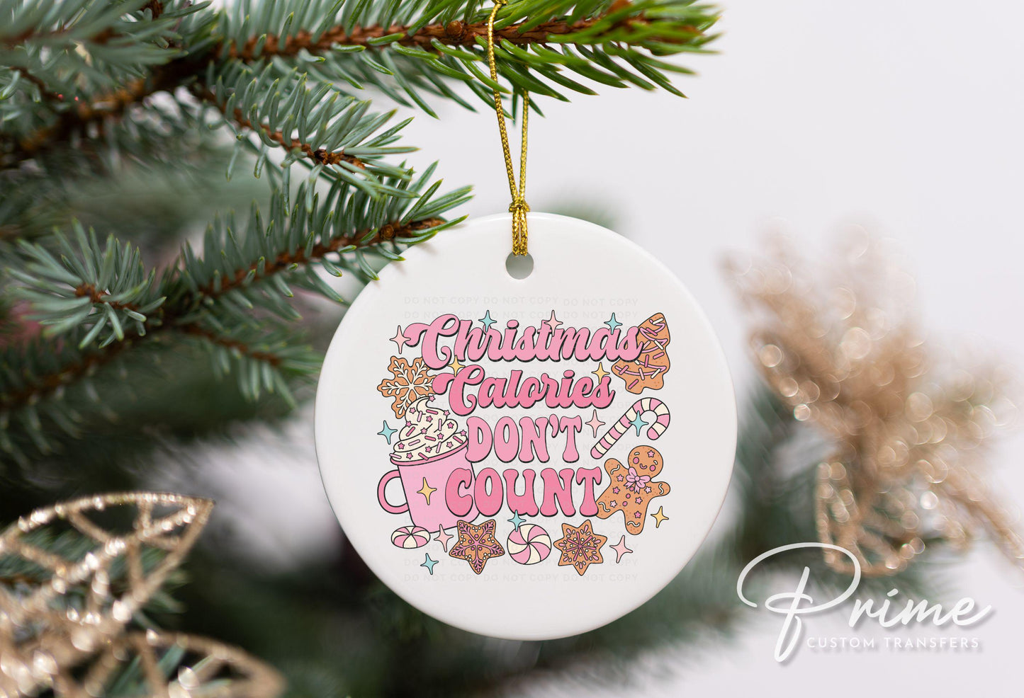 Christmas UV DTF Sticker for Ornaments, Ready to Apply, No Heat Needed, Permanent Adhesive, Waterproof, Decal, Christmas Calories Pink