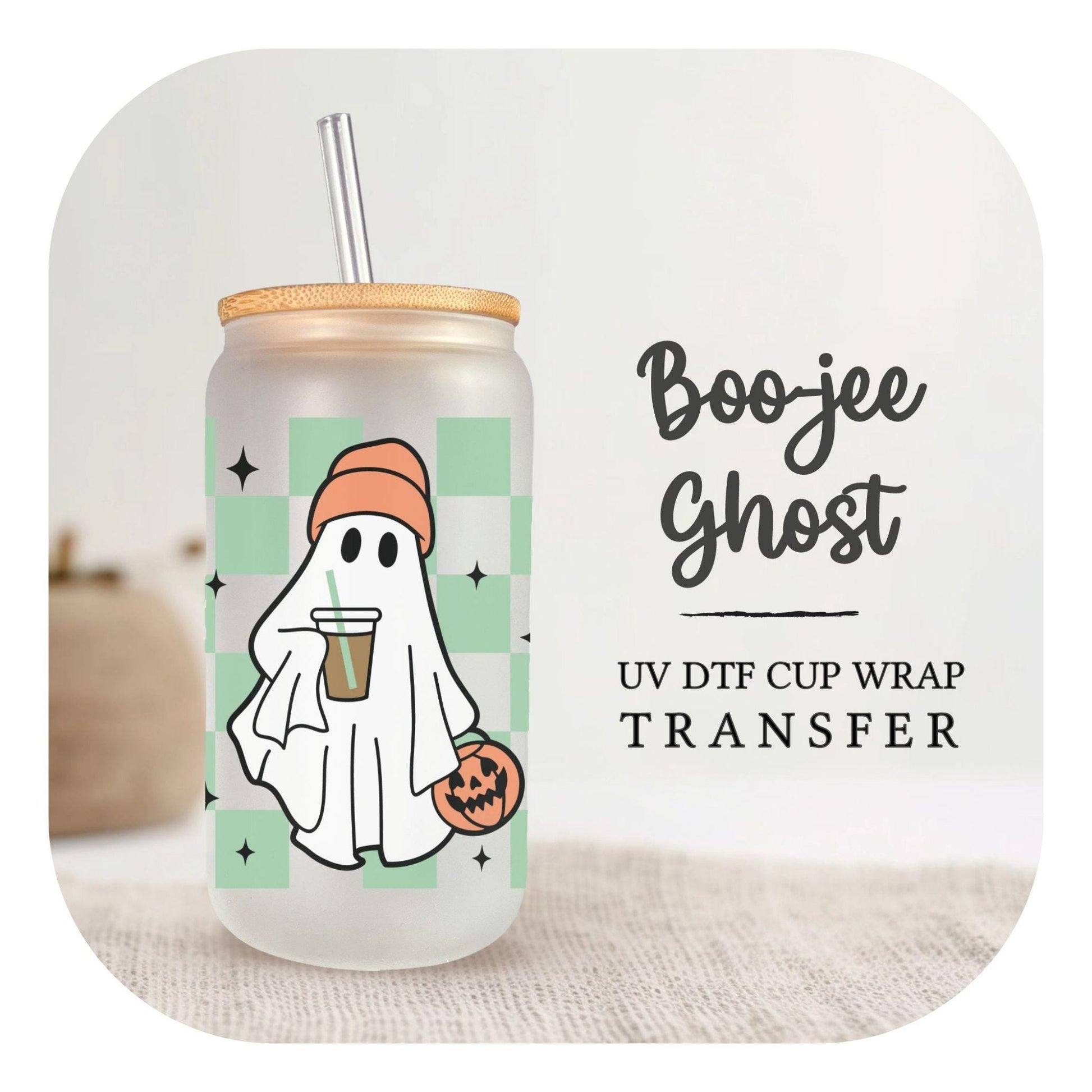 Halloween UV DTF Libbey 16oz Cup Wrap Sticker, Ready to Ship, Direct to Film, Glass Can, Fall, Permanent, Coffee, Checkered Boo-jee Ghost