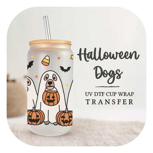 Halloween UV DTF Libbey 16oz Cup Wrap Sticker, Ready to Ship, Direct to Film, Glass Can, Fall, Permanent, Pet Lover, Pumpkin, Halloween Dogs