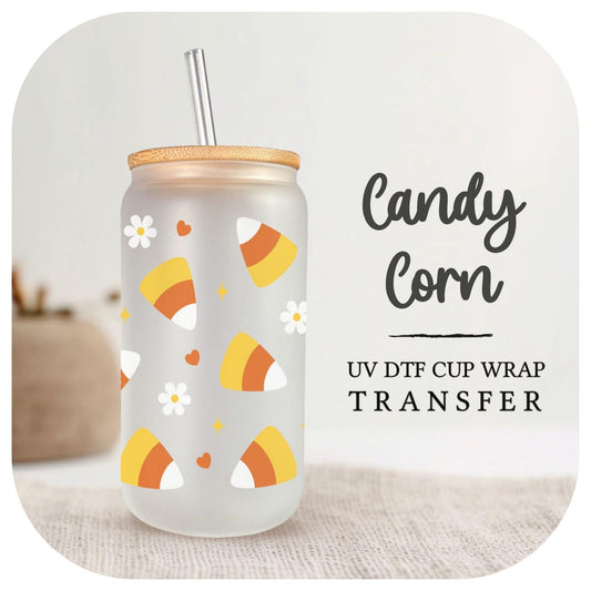 Halloween UV DTF Libbey 16oz Cup Wrap Sticker, Ready to Ship, Direct to Film, Glass Can, Fall, Permanent, Flowers, Autumn, Sweet Candy Corn