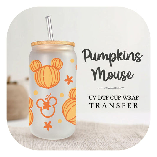 Halloween UV DTF Libbey 16oz Cup Wrap Sticker, Ready to Ship, Direct to Film, Glass Can, Fall, Permanent, Autumn, Flower, Pumpkin Mouse