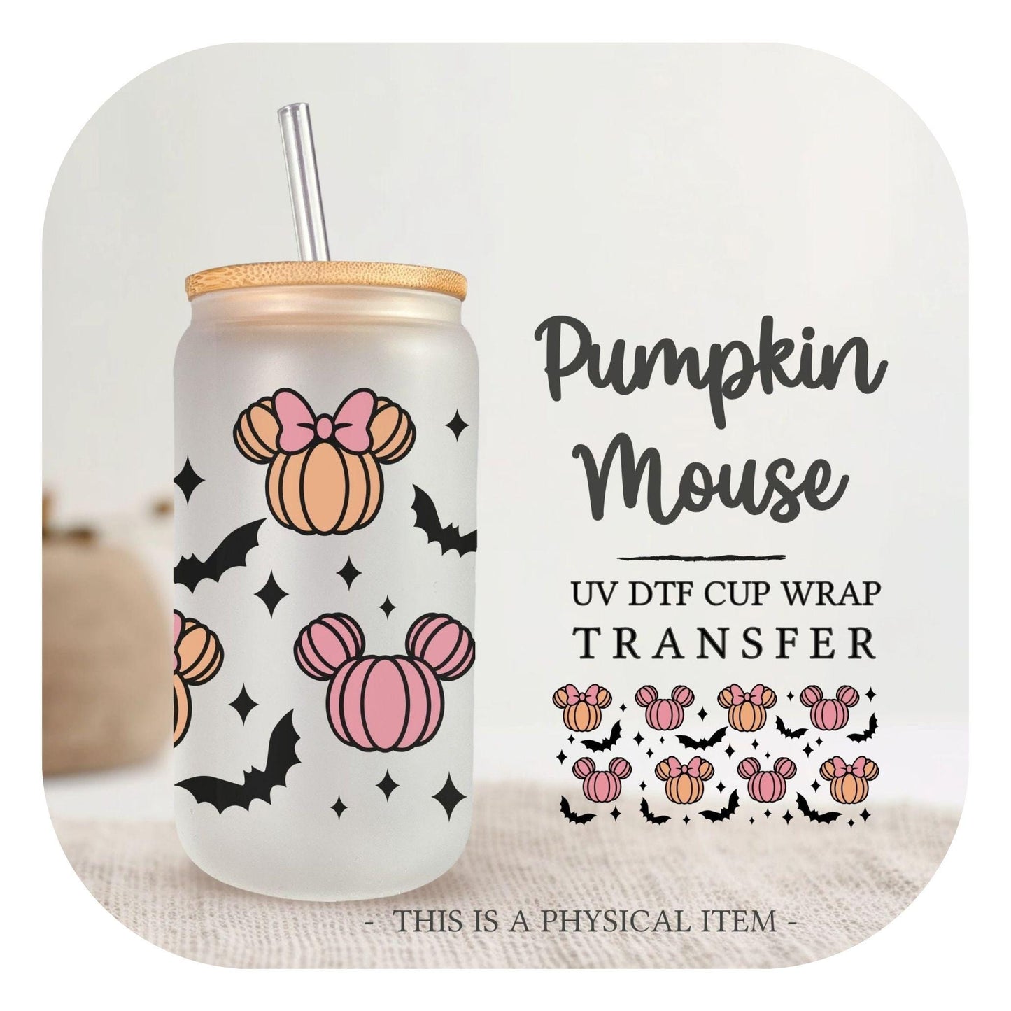 Halloween UV DTF Libbey 16oz Cup Wrap Sticker, Ready to Apply, No Heat, Permanent Adhesive, Glass Can, Fall, Bats, Pink, Pumpkin Mouse