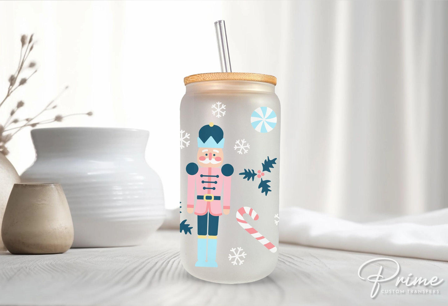 Christmas UV DTF Libbey 16oz Cup Wrap Sticker, Ready to Apply, No Heat, Permanent Adhesive, Waterproof, Glass Can, Holiday, Pink Nutcracker