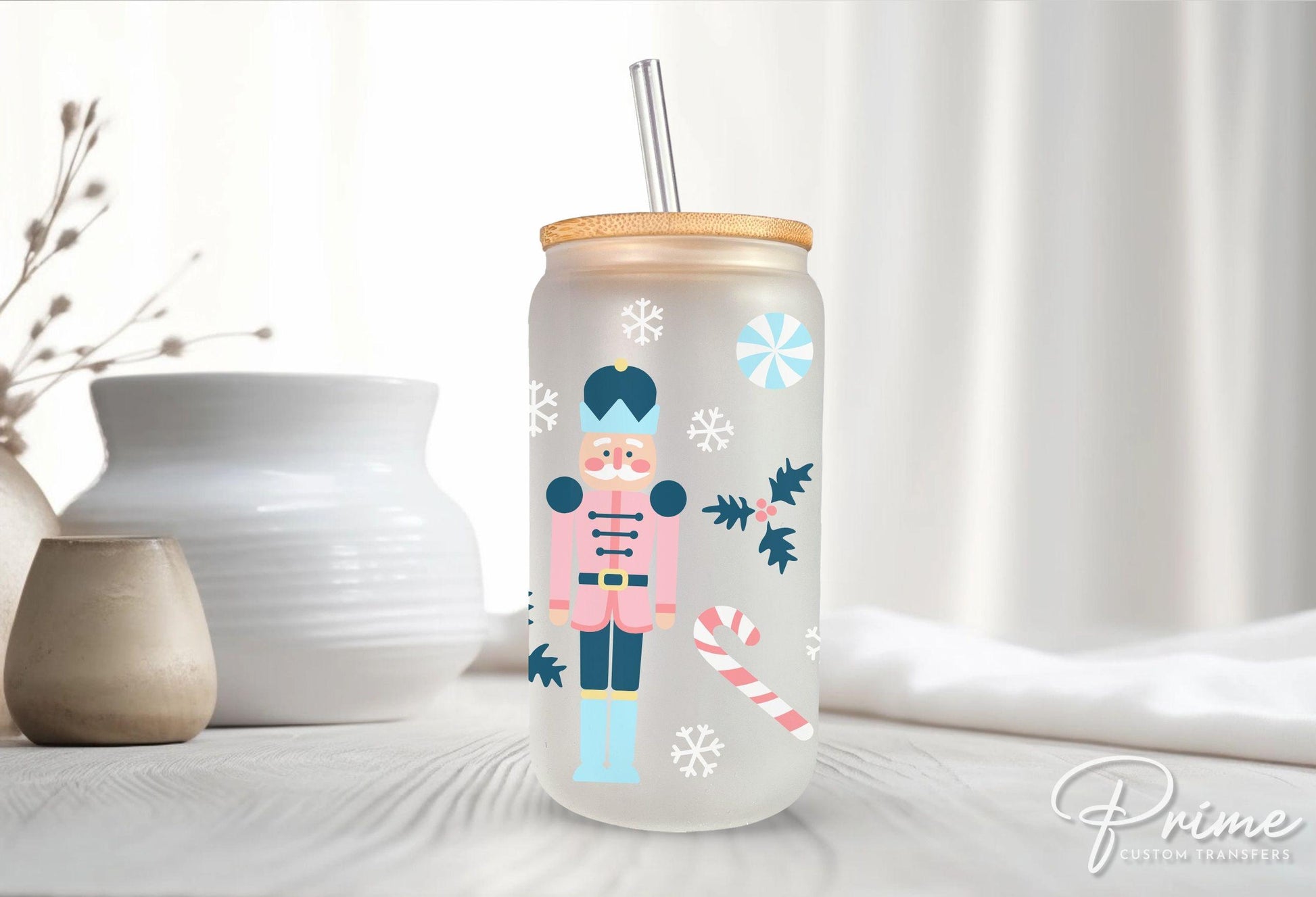 Christmas UV DTF Libbey 16oz Cup Wrap Sticker, Ready to Apply, No Heat, Permanent Adhesive, Waterproof, Glass Can, Holiday, Pink Nutcracker
