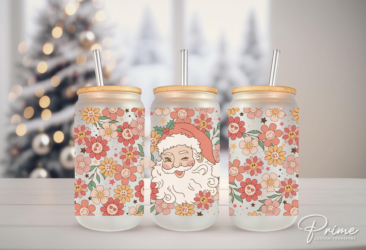 Christmas UV DTF Libbey 16oz Cup Wrap Sticker, Ready to Ship, rts, Direct to Film, Glass Can, Permanent, Holiday, Flowers, Boho Santa Claus