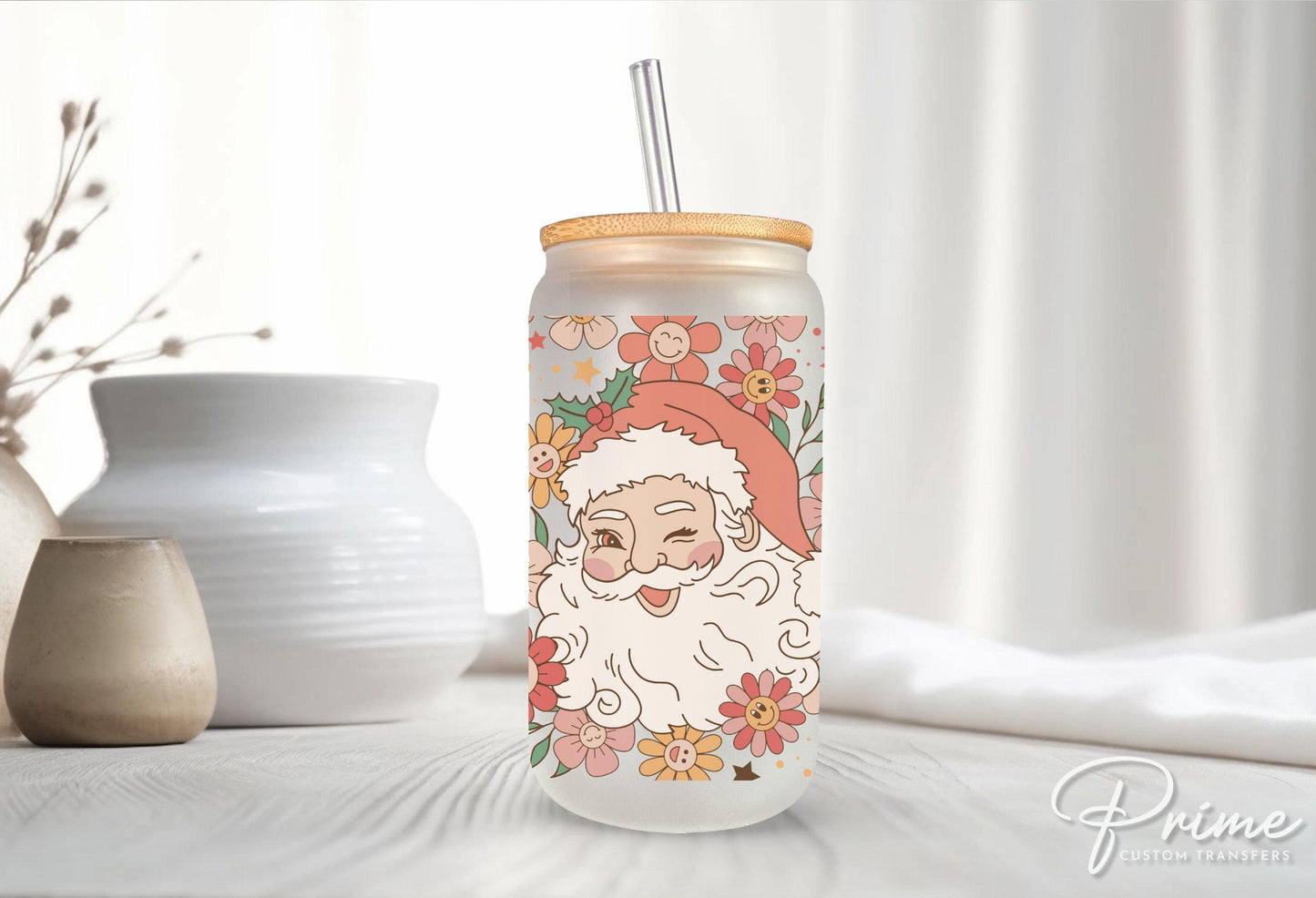 Christmas UV DTF Libbey 16oz Cup Wrap Sticker, Ready to Ship, rts, Direct to Film, Glass Can, Permanent, Holiday, Flowers, Boho Santa Claus