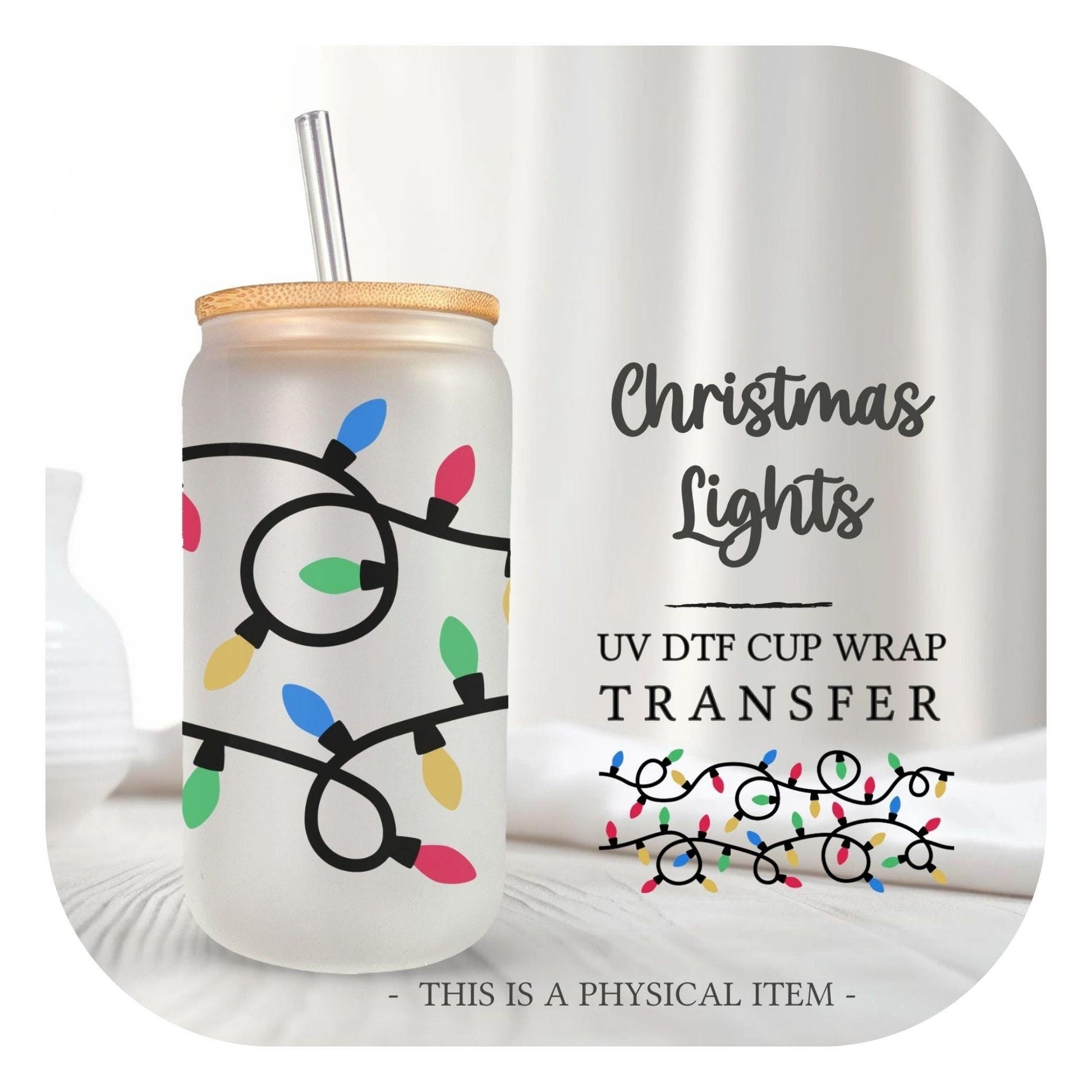 Christmas UV DTF Libbey 16oz Cup Wrap Sticker, Ready to Apply, No Heat, Permanent Adhesive, Waterproof, Glass Can, Christmas Lights