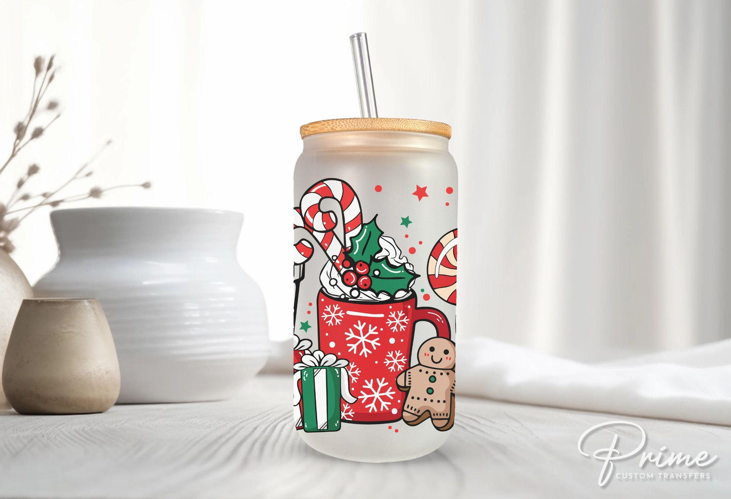 Christmas UV DTF Libbey 16oz Cup Wrap Sticker, Ready to Apply, No Heat, Permanent Adhesive, Waterproof, Glass Can, Cocoa, Lattes, Coffees