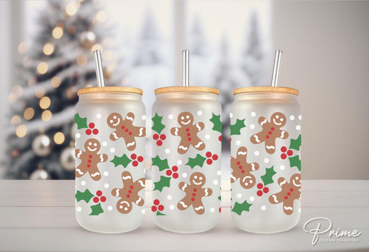 Christmas UV DTF Libbey 16oz Cup Wrap Sticker, Ready to Ship, rts, Direct to Film, Glass Can, Permanent, Cookies, Gingerbread and Holly