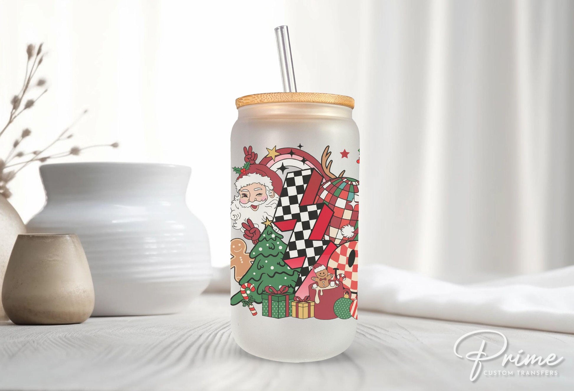 Christmas UV DTF Libbey 16oz Cup Wrap Sticker, Ready to Apply, No Heat, Permanent Adhesive, Waterproof, Glass Can, Vintage, Retro Christmas