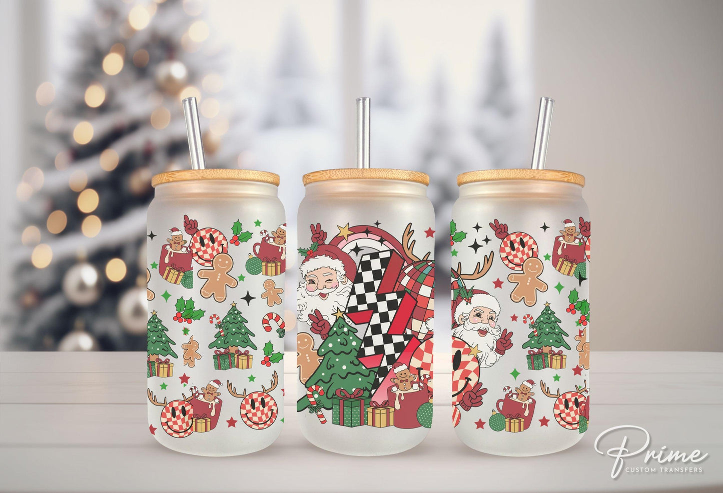 Christmas UV DTF Libbey 16oz Cup Wrap Sticker, Ready to Apply, No Heat, Permanent Adhesive, Waterproof, Glass Can, Vintage, Retro Christmas