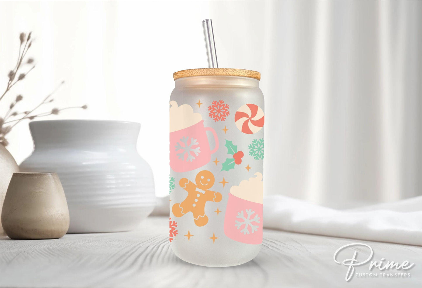 Christmas UV DTF Libbey 16oz Cup Wrap Sticker, Ready to Apply, No Heat, Permanent Adhesive, Waterproof, Glass Can, Cookie, Holiday Sweets