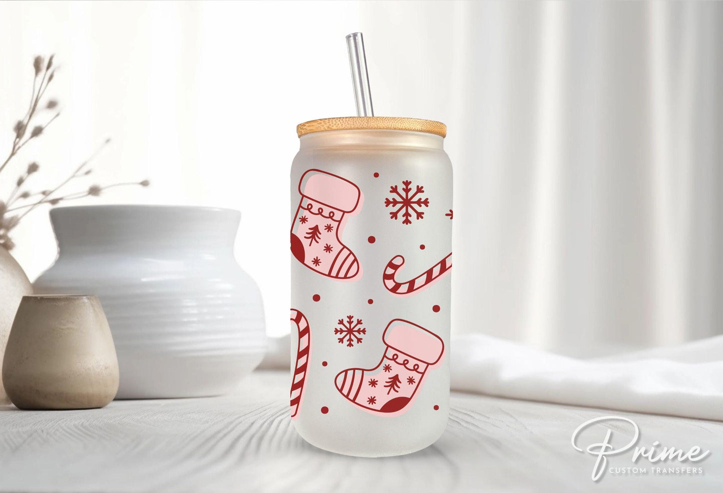 Christmas UV DTF Libbey 16oz Cup Wrap Sticker, Ready to Apply, No Heat, Permanent Adhesive, Glass Can, Holidays, Stockings and Candy Canes