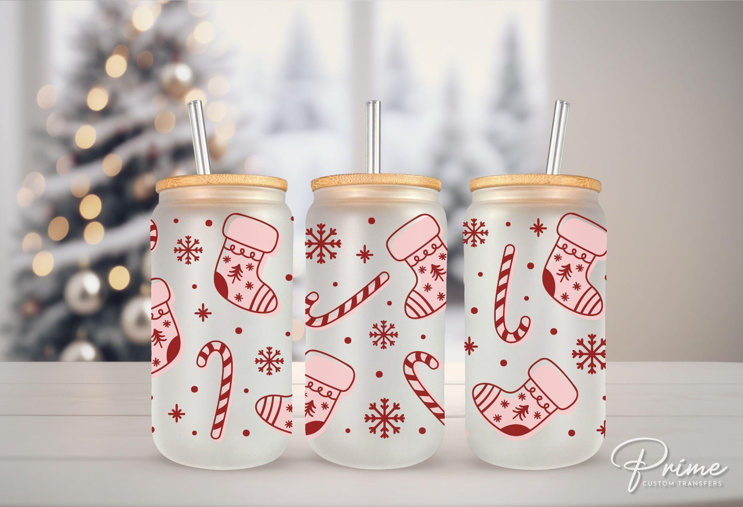 Christmas UV DTF Libbey 16oz Cup Wrap Sticker, Ready to Apply, No Heat, Permanent Adhesive, Glass Can, Holidays, Stockings and Candy Canes