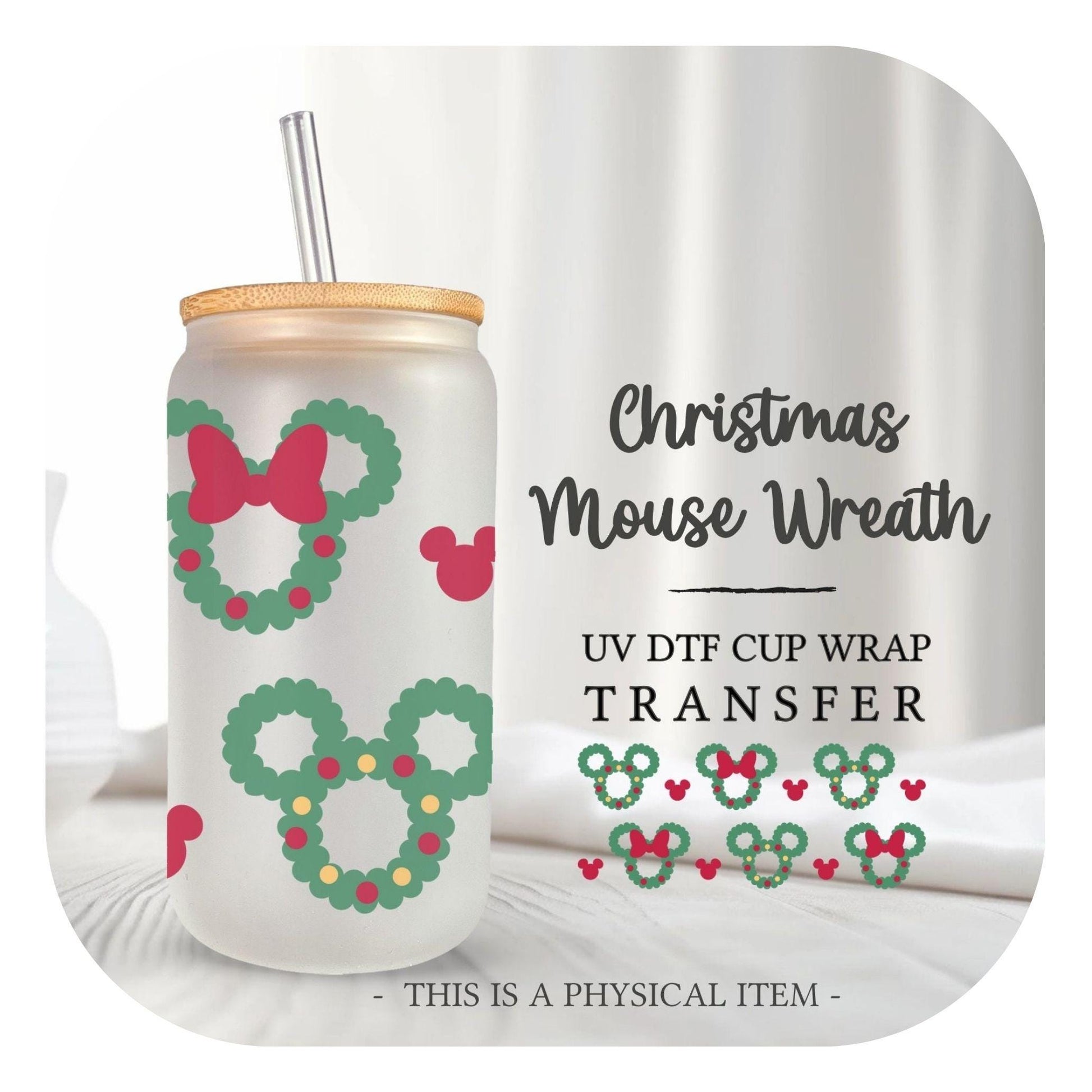 Christmas UV DTF Libbey 16oz Cup Wrap Sticker, Ready to Apply, No Heat, Permanent Adhesive, Waterproof, Glass Can, Christmas Mouse Wreath