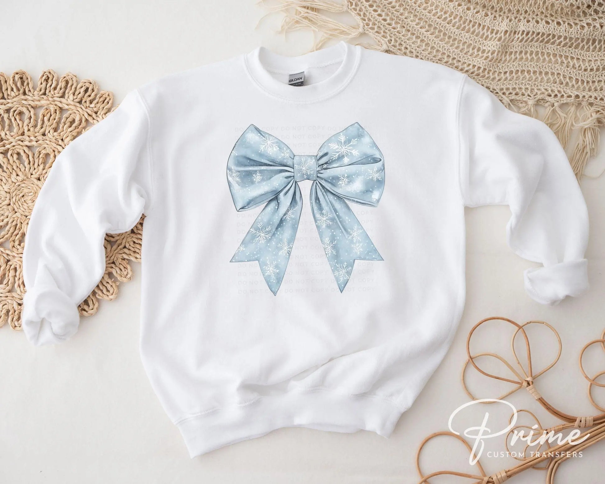 Christmas DTF Transfers, Ready to Press, T-shirt Transfer, Heat Transfer, Direct to Film, Holiday, Coquette, Snowy Blue Winter Snowflake Bow