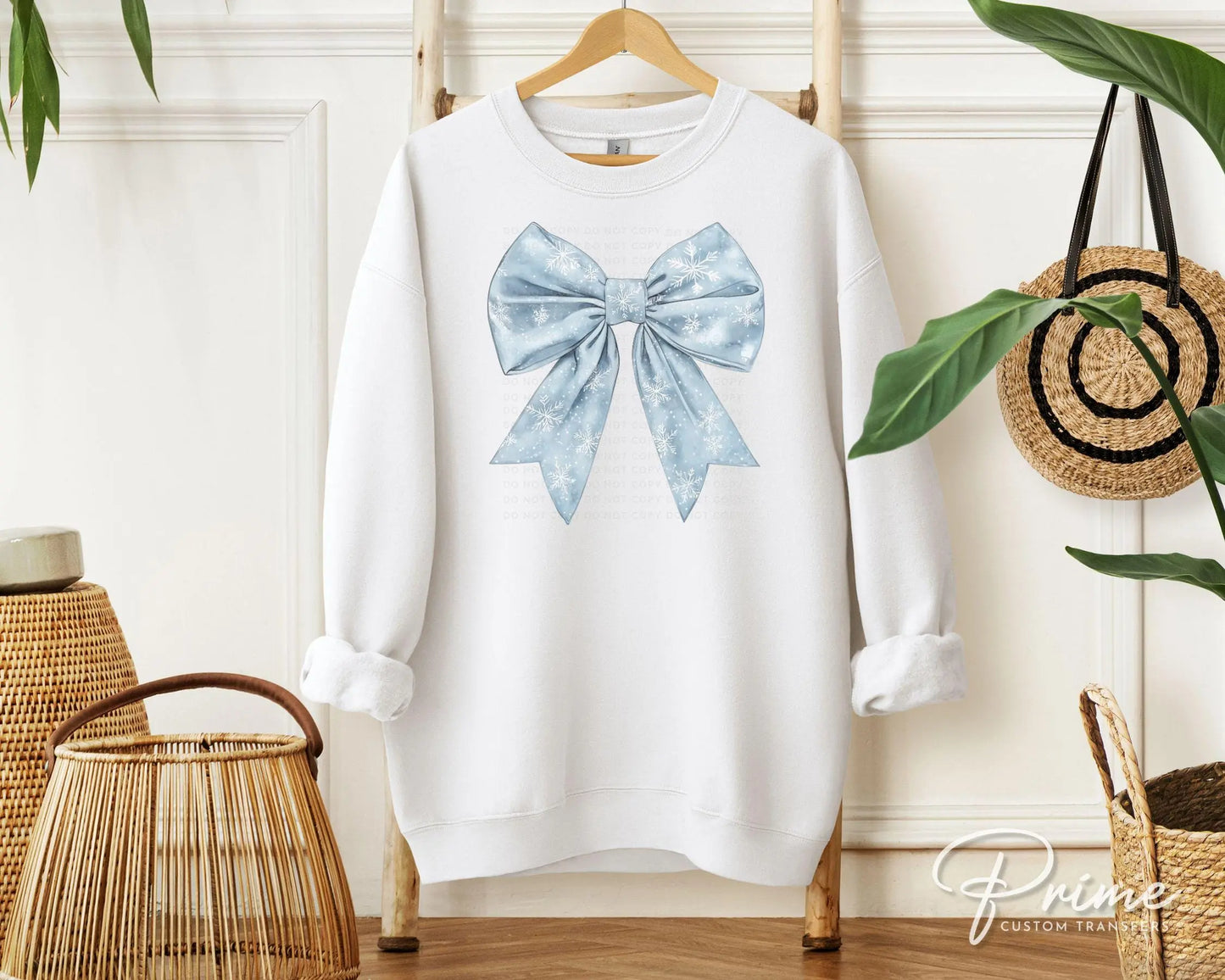Christmas DTF Transfers, Ready to Press, T-shirt Transfer, Heat Transfer, Direct to Film, Holiday, Coquette, Snowy Blue Winter Snowflake Bow
