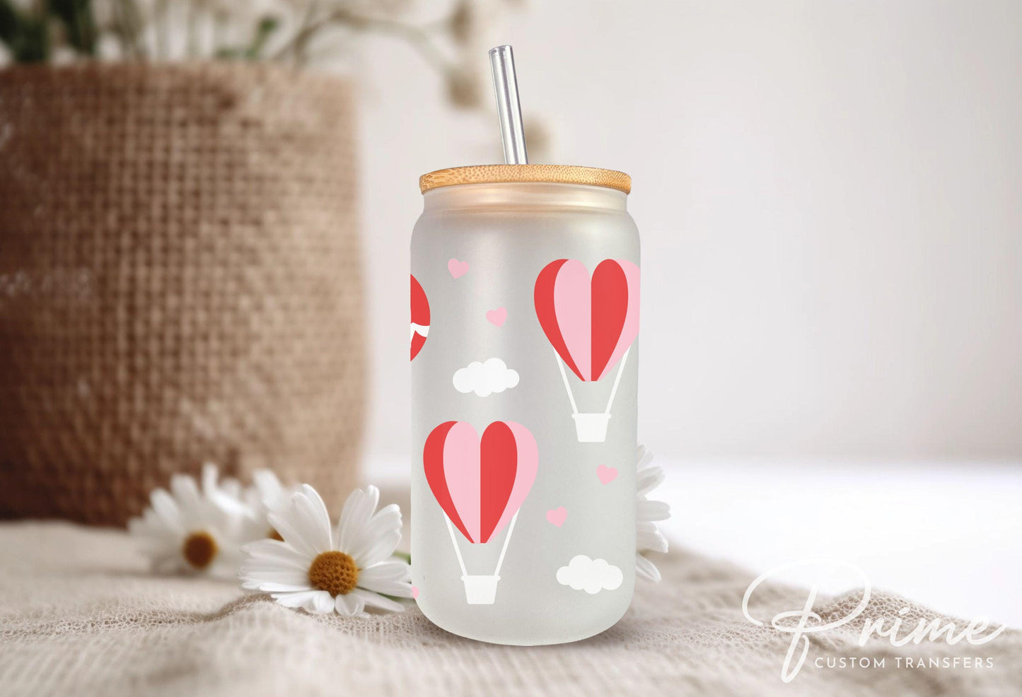 Valentine's Day UV DTF Libbey 16oz Cup Wrap Sticker, Ready to Apply, No Heat, Permanent Adhesive, Waterproof, Glass Can, Hot Air Balloons