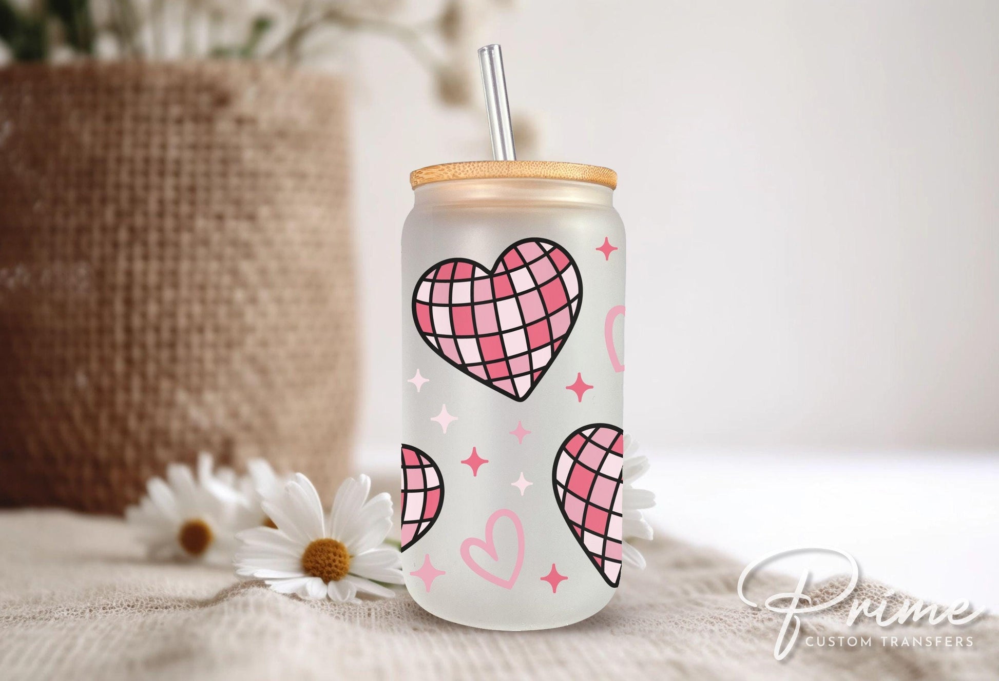 Valentine's Day UV DTF Libbey 16oz Cup Wrap Sticker, Ready to Apply, No Heat, Permanent Adhesive, Waterproof, Glass Can, Love, Disco Hearts