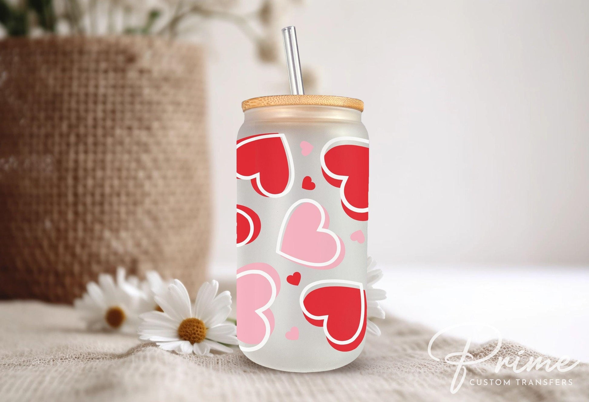 Valentine's Day UV DTF Libbey 16oz Cup Wrap Sticker, Ready to Apply, No Heat, Permanent Adhesive, Waterproof, Glass Can, Love, Cute Hearts