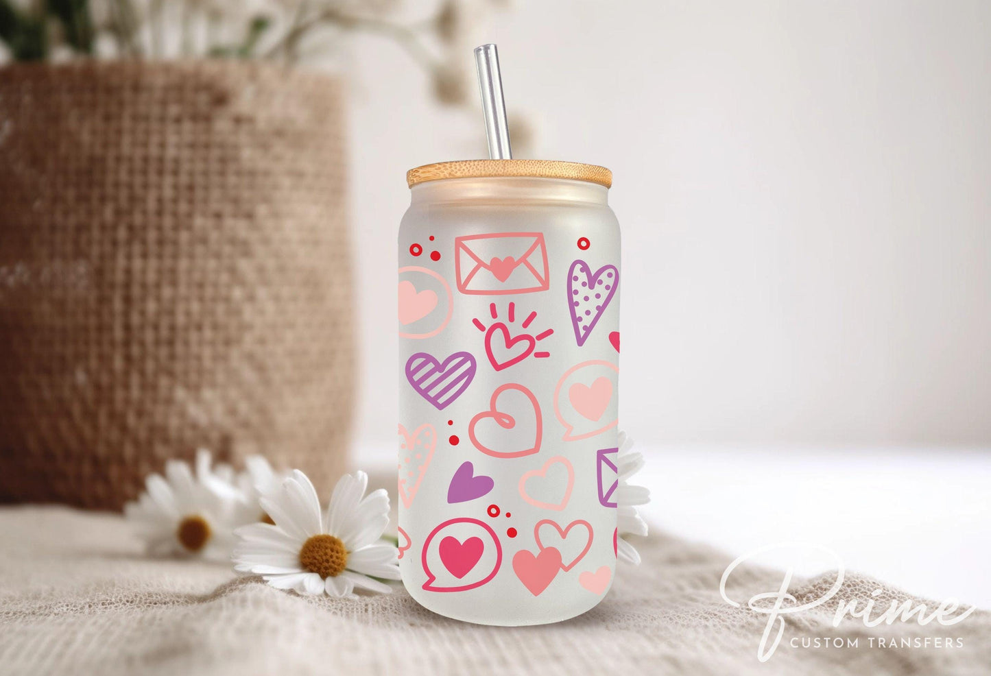 Valentine's Day UV DTF Libbey 16oz Cup Wrap Sticker, Ready to Apply, No Heat, Permanent Adhesive, Waterproof, Glass Can, Love, Doodle Hearts