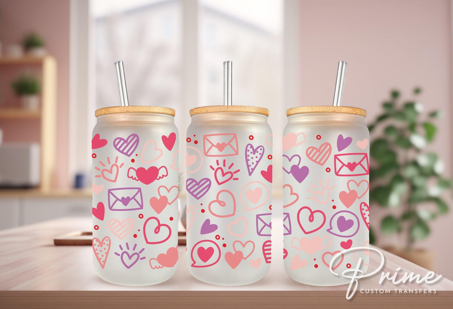 Valentine's Day UV DTF Libbey 16oz Cup Wrap Sticker, Ready to Apply, No Heat, Permanent Adhesive, Waterproof, Glass Can, Love, Doodle Hearts