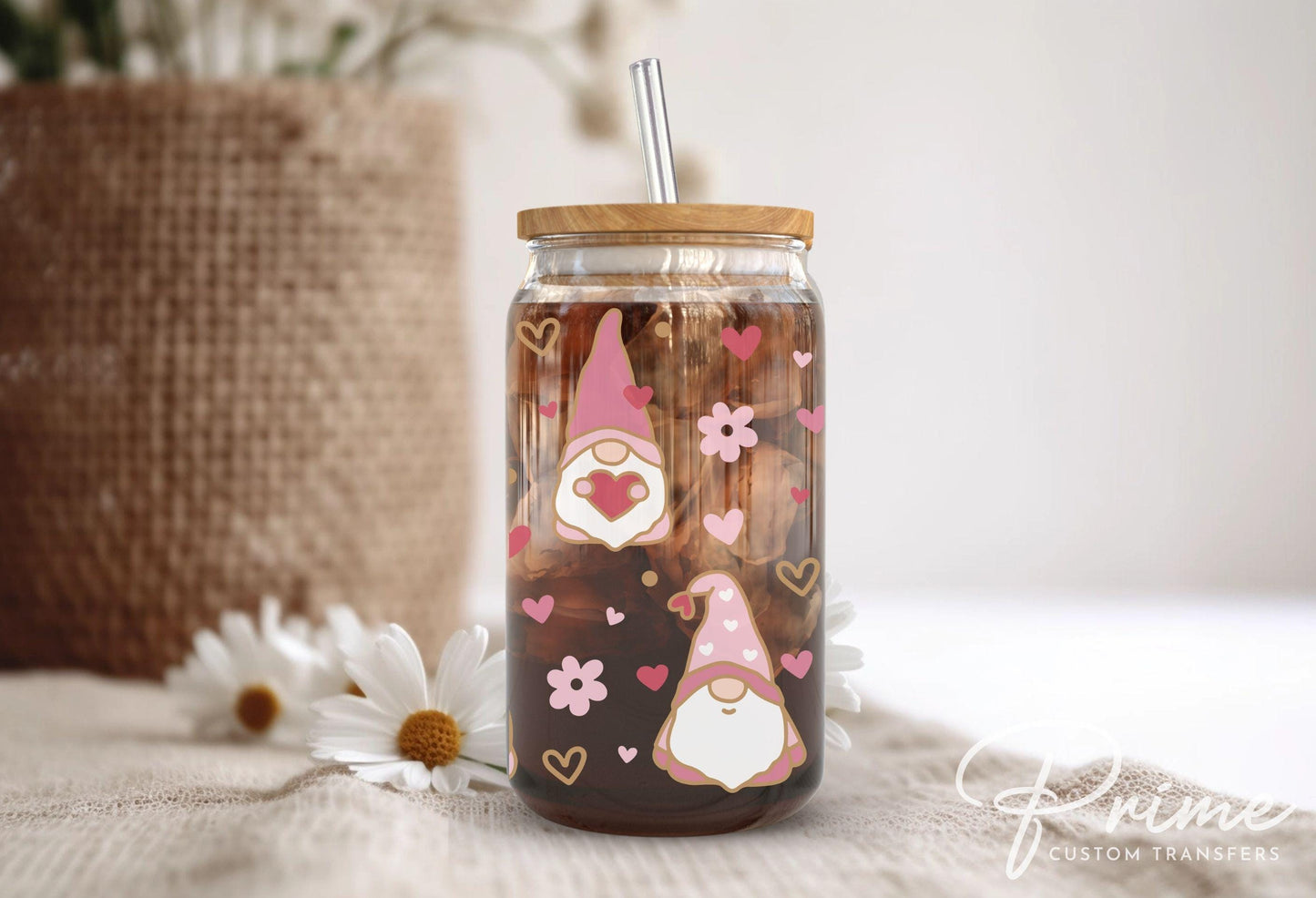 Valentine's Day UV DTF 16oz Libbey Cup Wrap Sticker, Ready To Apply, Direct to Film, Glass Can, Permanent, Waterproof, Holiday, Pink Gnome