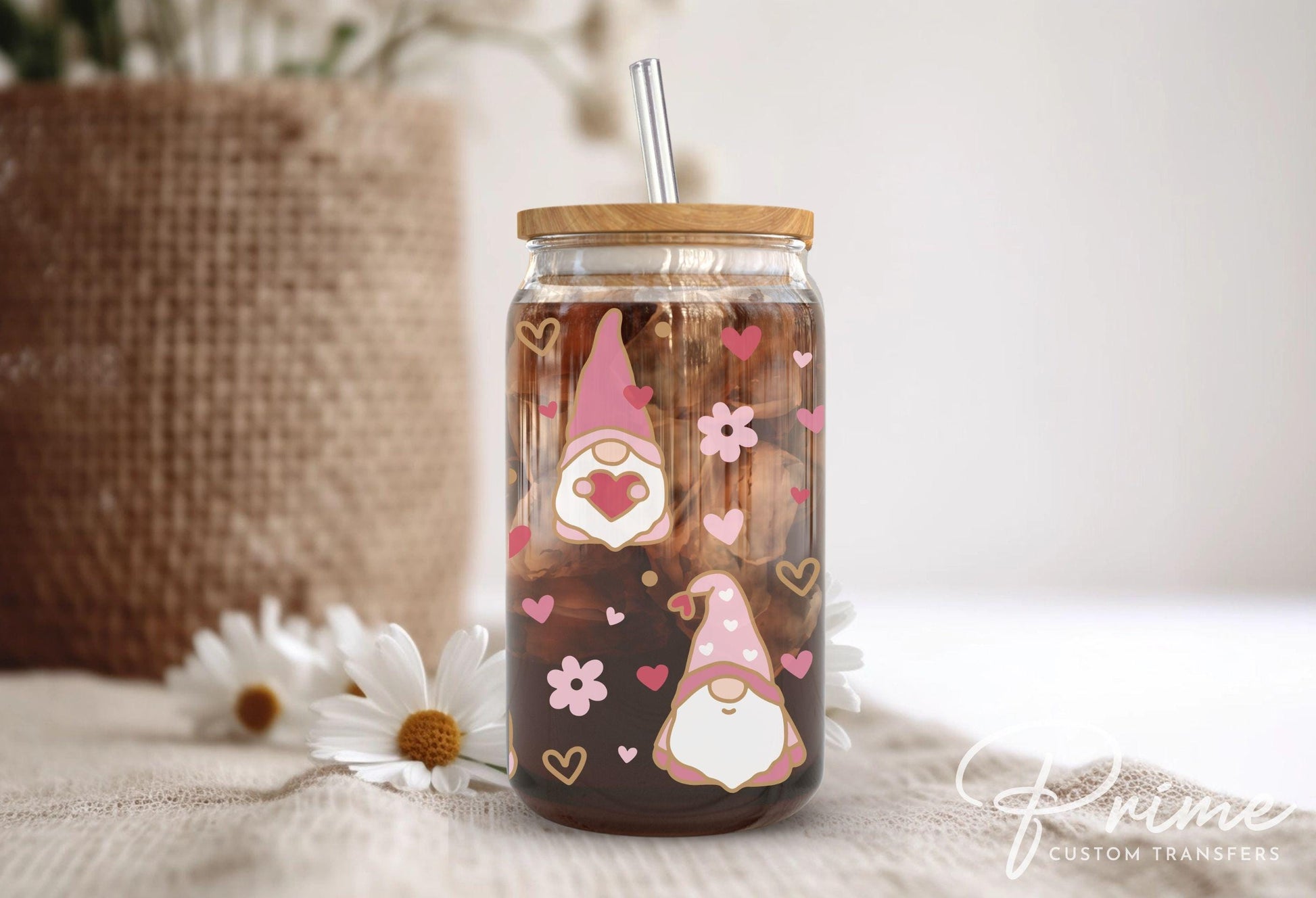 Valentine's Day UV DTF 16oz Libbey Cup Wrap Sticker, Ready To Apply, Direct to Film, Glass Can, Permanent, Waterproof, Holiday, Pink Gnome