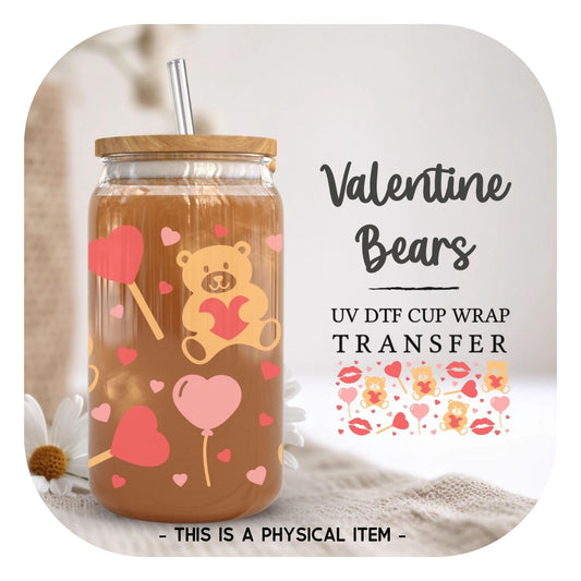 Valentine's Day UV DTF Libbey 16oz Cup Wrap Sticker, Ready to Apply, No Heat, Permanent Adhesive, Waterproof, Glass Can, Love, Candy, Bears