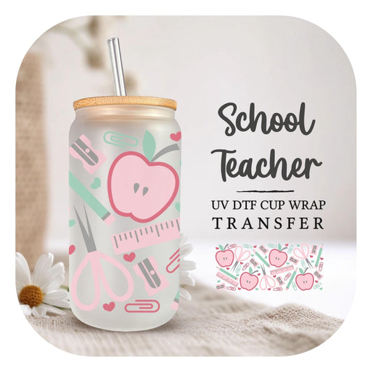 Teacher UV DTF Libbey 16oz Cup Wrap Sticker, Ready to Apply, No Heat, Permanent Adhesive, Waterproof, Glass Can, Gift, Back to School, Apple