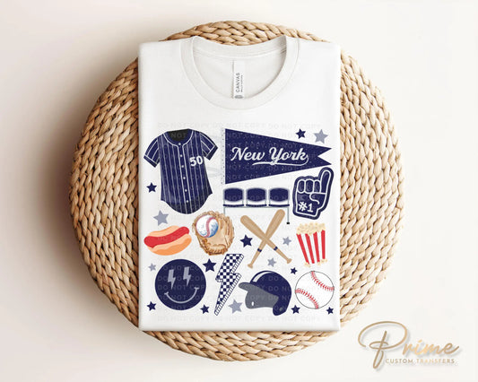 Baseball DTF Transfers, Ready to Press, T-shirt Transfer, Heat Transfer, Direct to Film, Sports, Game Day, doodle collage, New York baseball