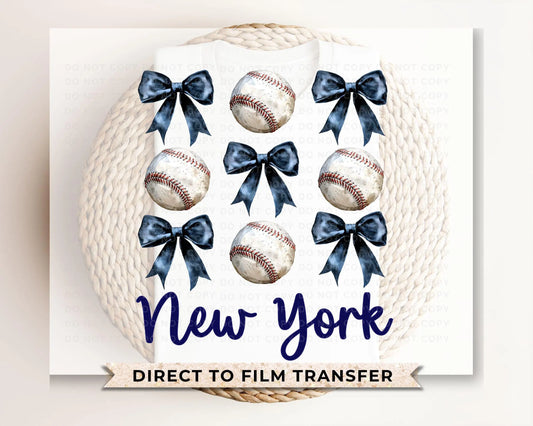 Baseball DTF Transfers, Ready to Press, T-shirt Transfers, Heat Transfer, Direct to Film, Sports, NYC, New York Baseballs and Bows Coquette