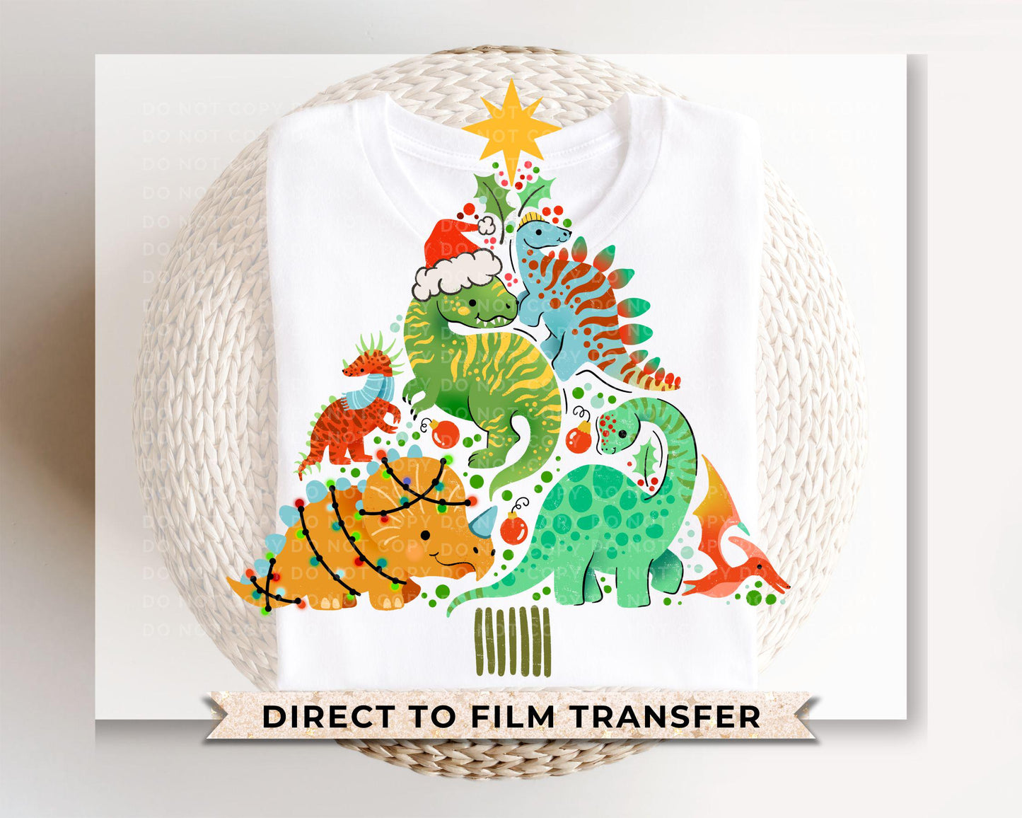 Christmas DTF Transfers, Ready to Press, T-shirt Transfers, Heat Transfer, Direct to Film, Holiday, Boy, T-Rex, Dinosaur Christmas Tree