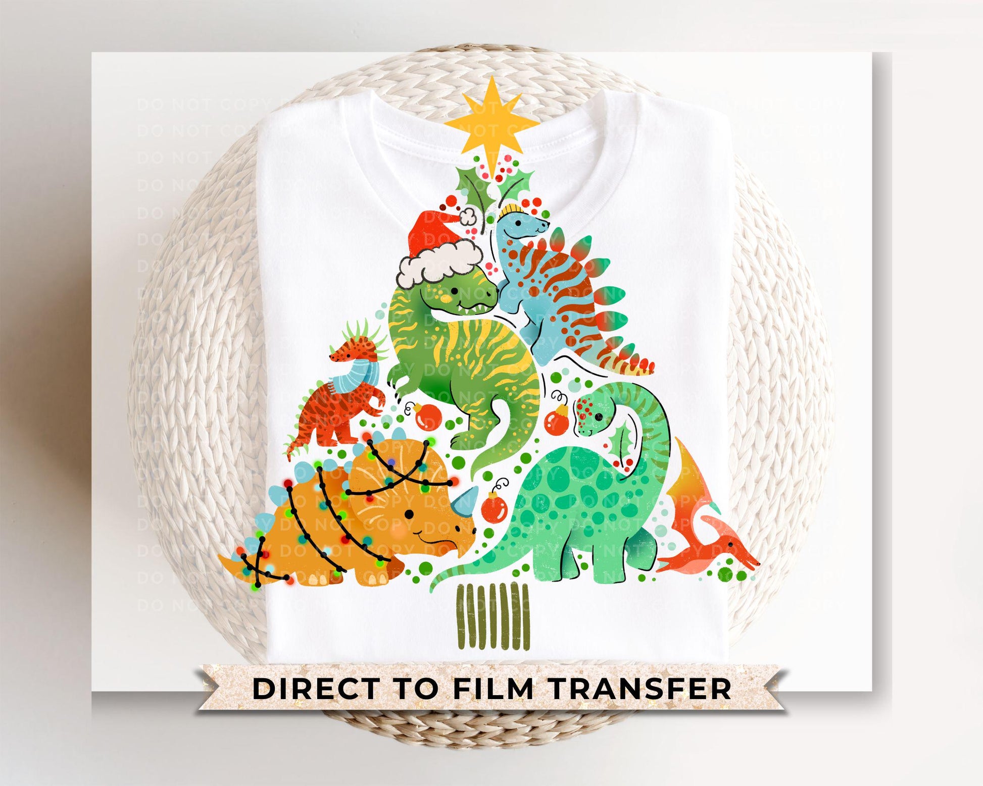 Christmas DTF Transfers, Ready to Press, T-shirt Transfers, Heat Transfer, Direct to Film, Holiday, Boy, T-Rex, Dinosaur Christmas Tree