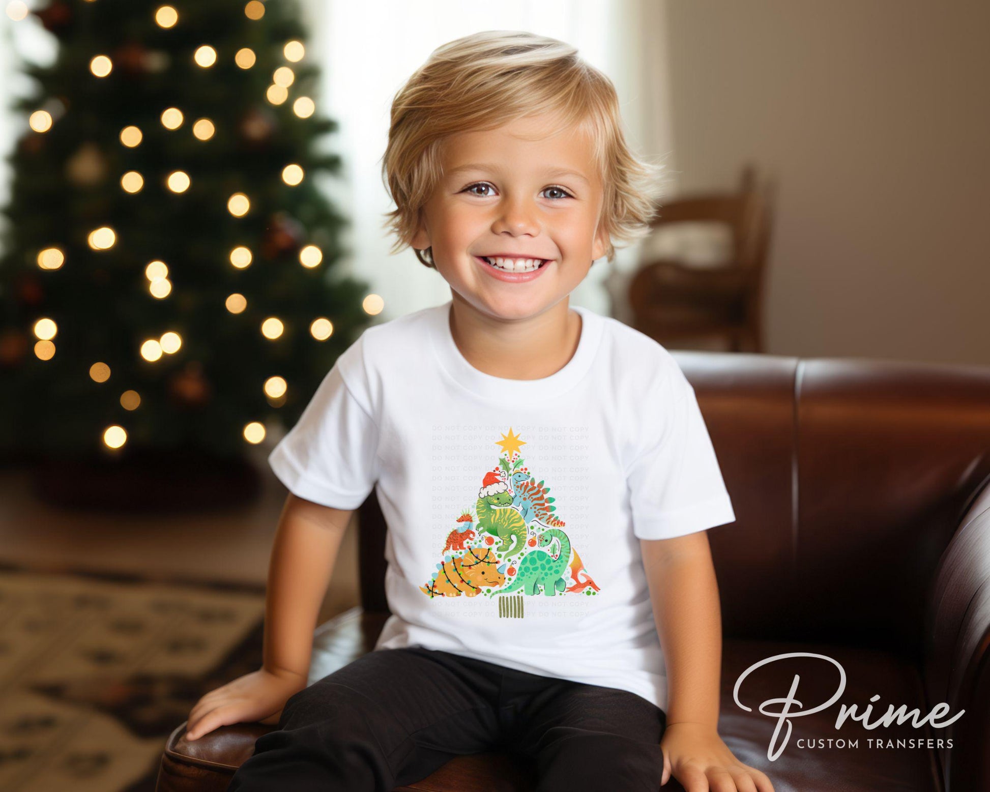 Christmas DTF Transfers, Ready to Press, T-shirt Transfers, Heat Transfer, Direct to Film, Holiday, Boy, T-Rex, Dinosaur Christmas Tree