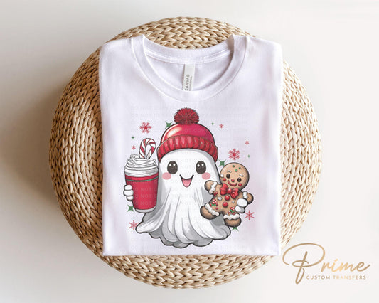 Christmas DTF Transfers, Ready to Press, T-shirt Transfers, Heat Transfer, Direct to Film, Holiday, Kid, Ice Coffee, Cute Boojee Ghost