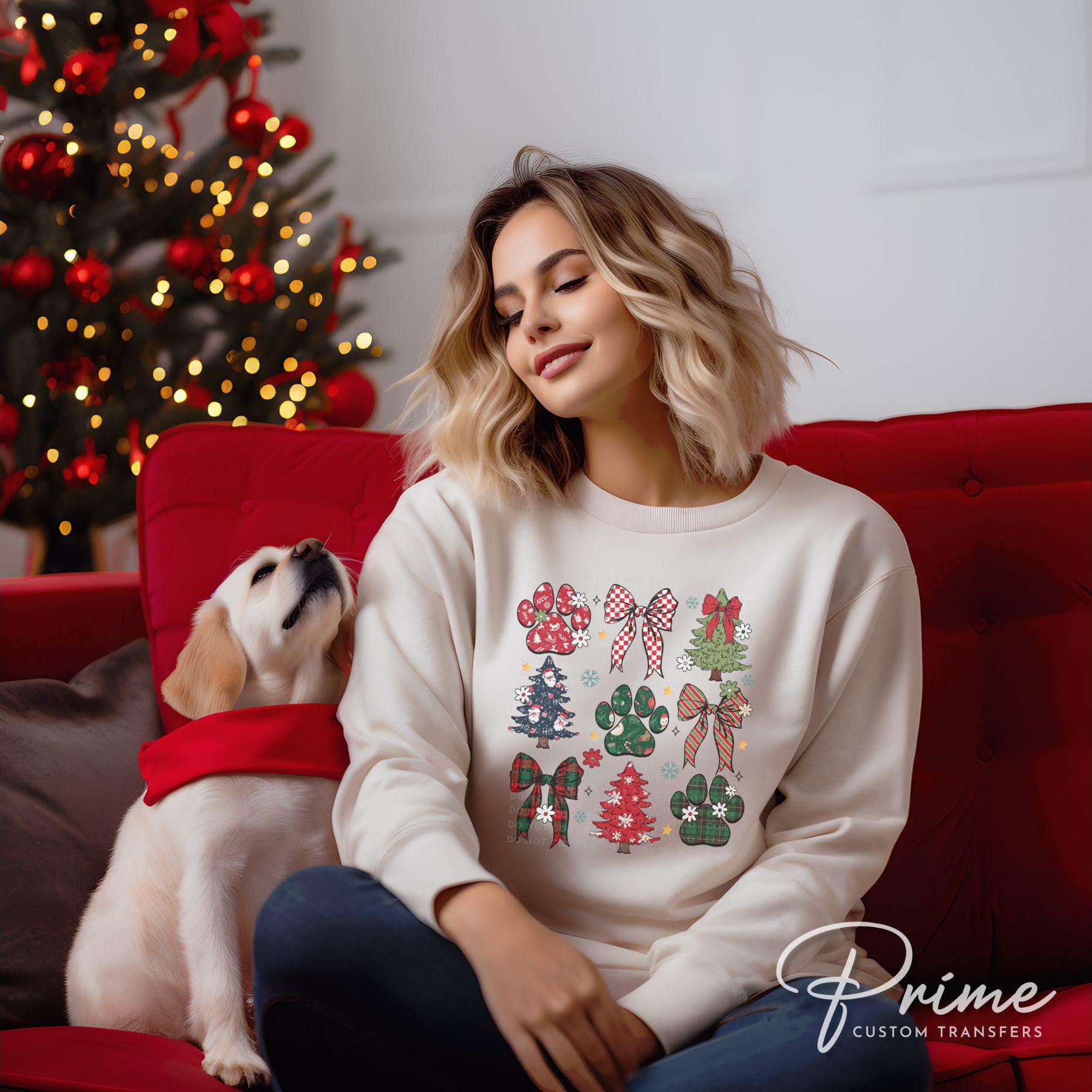 Christmas DTF Transfers, Ready to Press, T-shirt, Custom, Heat Transfer, Direct to Film, Christmas, Pet Lover, Bows, Paws, Coquette Dog Mama